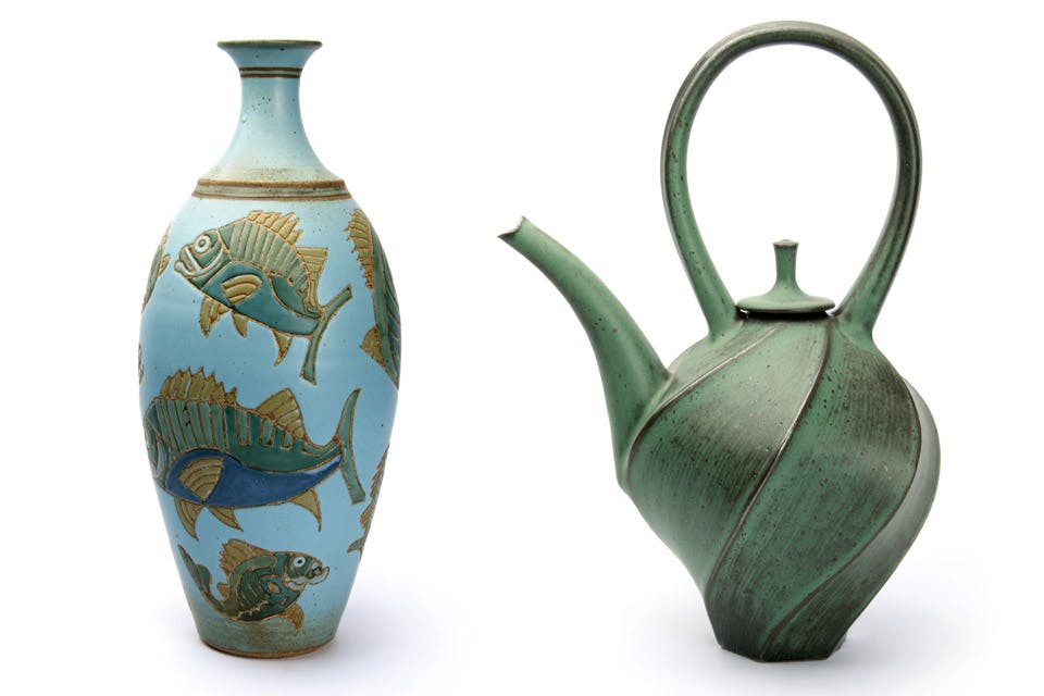 Fish-Bottle-by-Kurt-Wild_and-Teapot-by-Jim-Connell Fish-Bottle-by-Kurt-Wild_and-Teapot-by-Jim-Connell