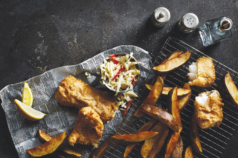 fish and chips with coleslaw