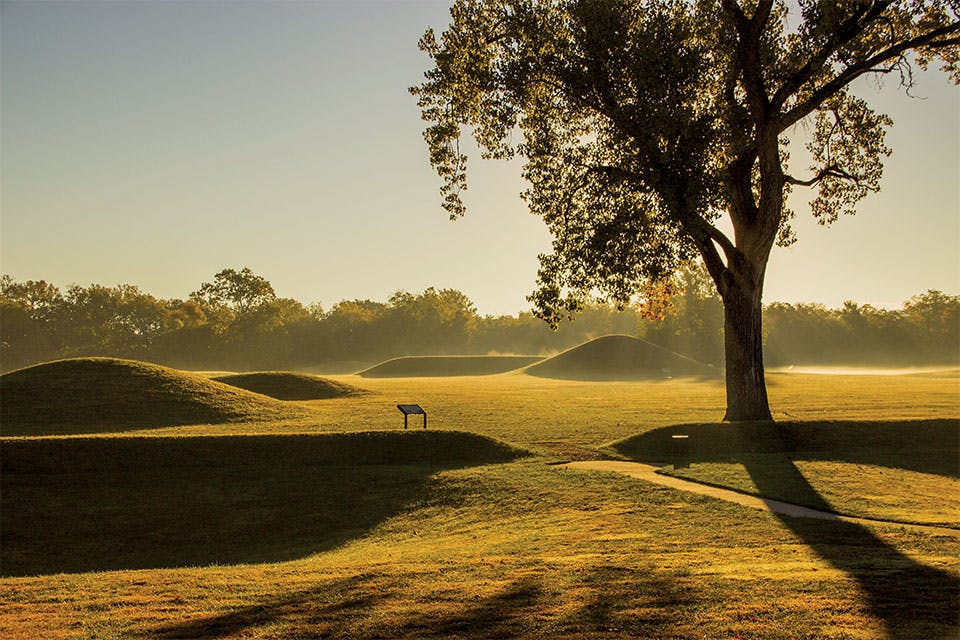 Hopewell Ceremonial Earthworks at dawn (photo by NPS/Tom Enberg)