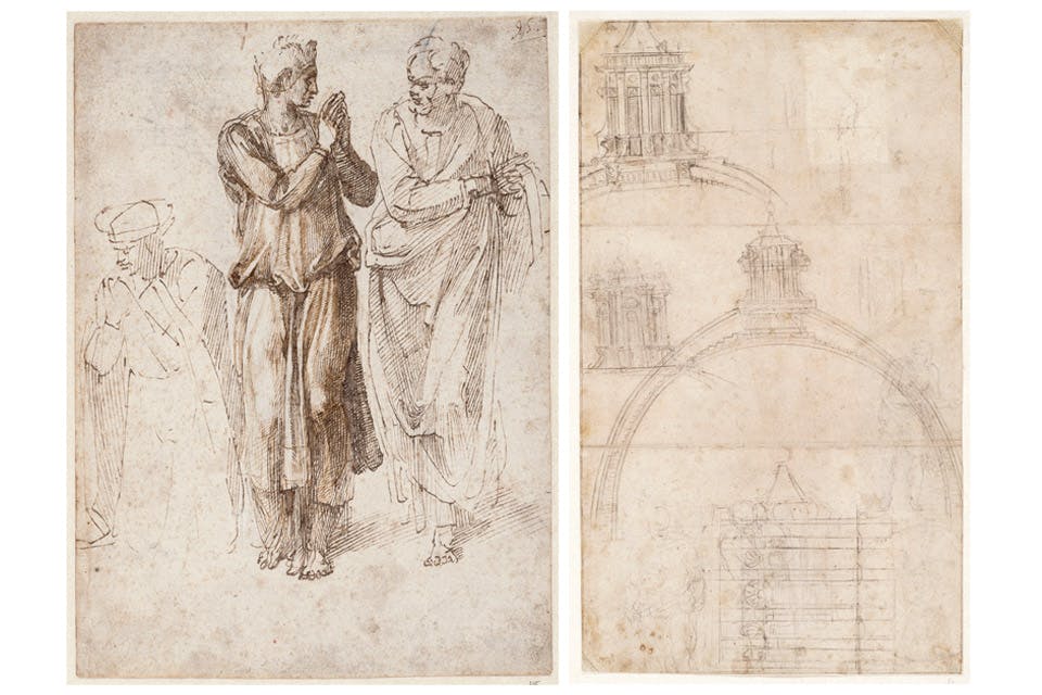 Three Draped Figures with Clasped Hands (left) and drawing of St. Peter’s Basilica