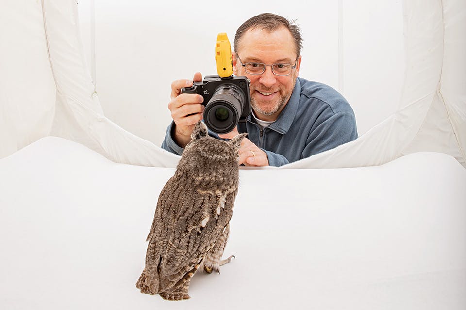 David Fitzsimmons photographing an owl