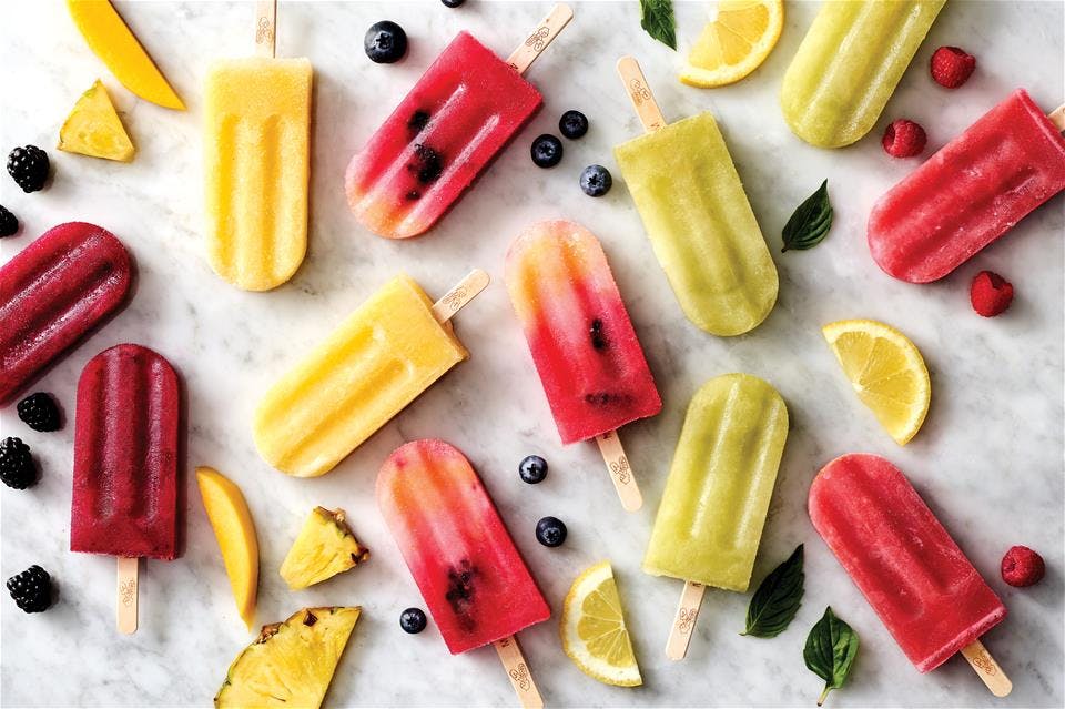 Pineapple mango passion fruit blackberry lemon basil and blueberry lemonade popsicles