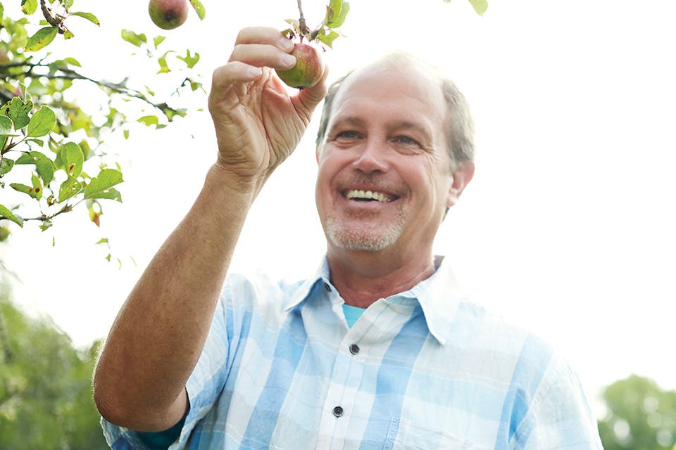 Derek Mills picking an apple