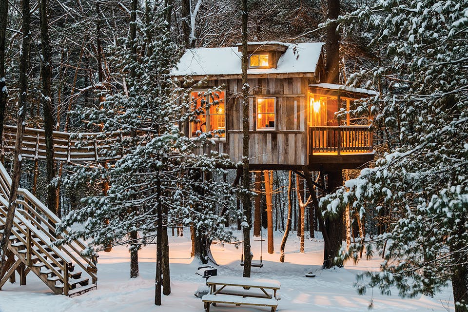 Old Pine Treehouse at Mohican in winter (photo by Chris McClelan)