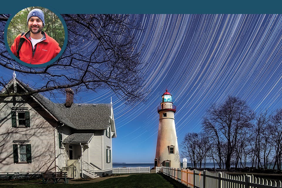 Marblehead Lighthouse on night sky and Matt Shiffler (inset)