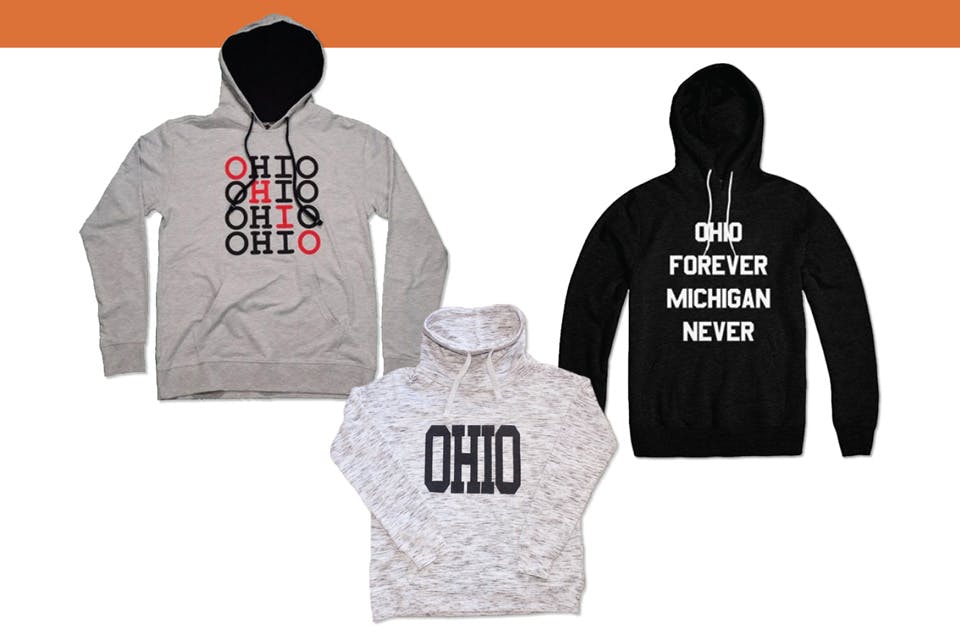 Ohio True, 7Thirty8, Ohio Forever and sweatshirts (left to right)