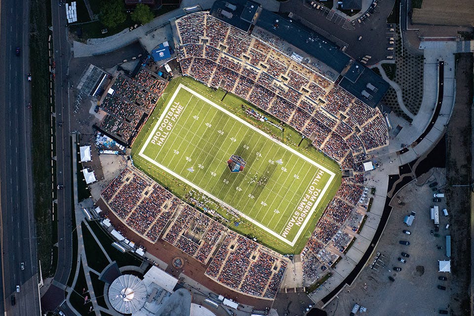 Aerial view of Tom Benson Hall of Fame Stadium