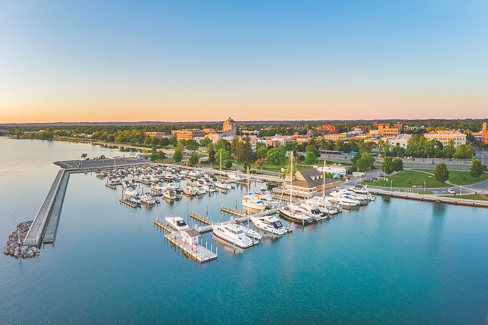 Aerial view of marina in Traverse City, Michigan