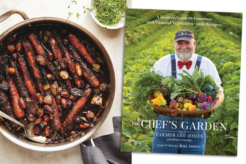 Carrot pot roast and The Chef's Garden book (photo courtesy of Penguin Random House)