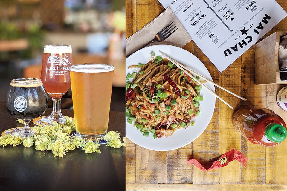 Three Tigers Brewing Co. beers and Mai Chau noodles dish Three Tigers Brewing Co. beers and Mai Chau noodles dish
