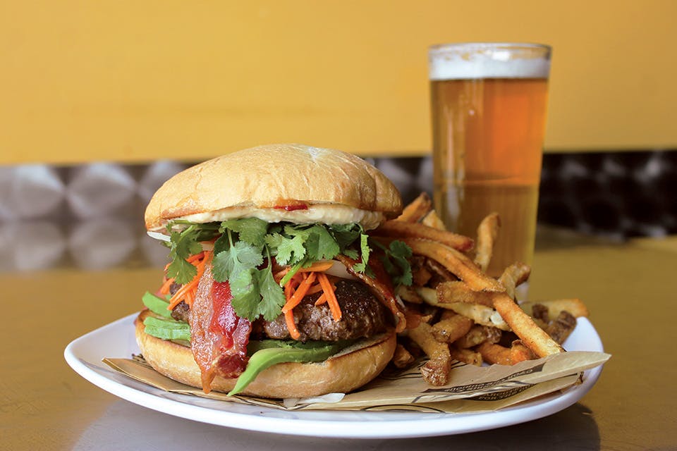 Burger, fries and a beer at Swig