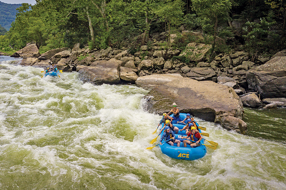 Groups rafting on the Lower New River in West Virginia