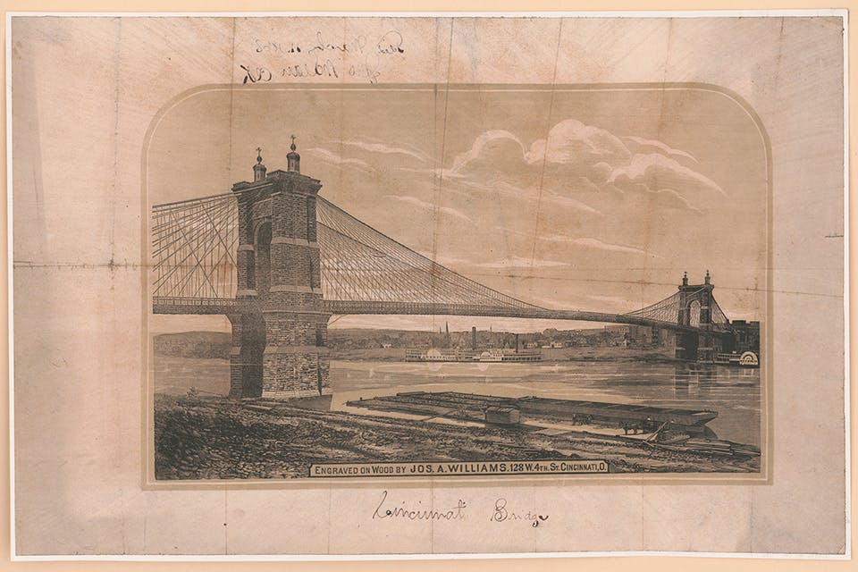 Antique wood engraving of Cincinnati’s John A. Roebling Suspension Bridge wood engraving (Library of Congress)