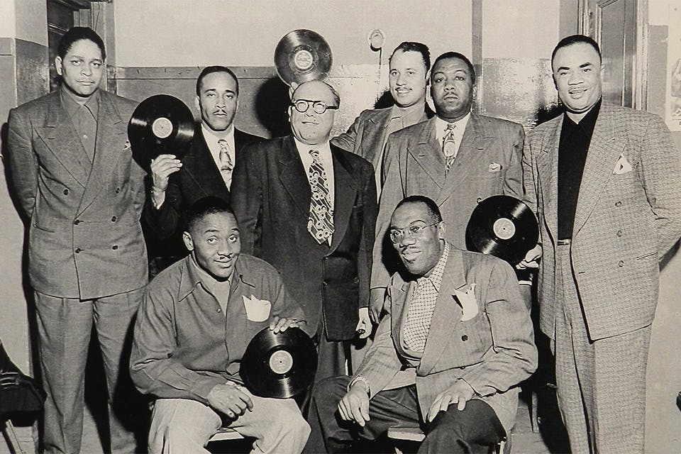 Benjamin Clarence "Bull Moose" Jackson (seated lower right) posing with King Records founder Syd Nathan (center with glasses) (photo courtesy of Steve Halper)