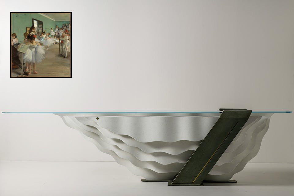Abner Henry’s Pirouette Console Table (photo by Zach Pontz) inspired by Edgar Degas’ “The Dance Class” (inset artwork bequest of Mrs. Harry Payne Bingham, 1986)
