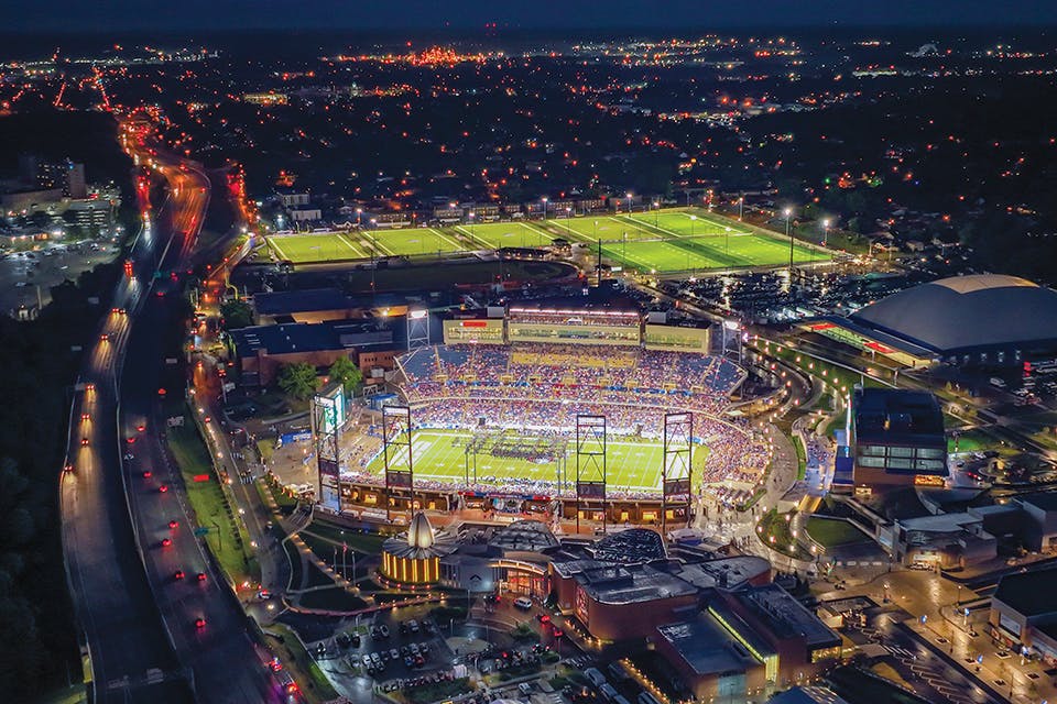 Aerial view of 2022 Hall of Fame Game at Tom Benson Hall of Fame Stadium in Canton (photo by Aerial Agents)