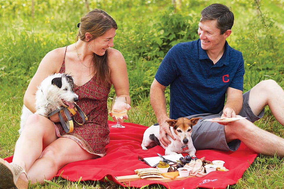 Couple sitting on picnic blanket with two dogs, wine and charcuterie board at Cask 307 in Madison (photo courtesy of Cask 307)