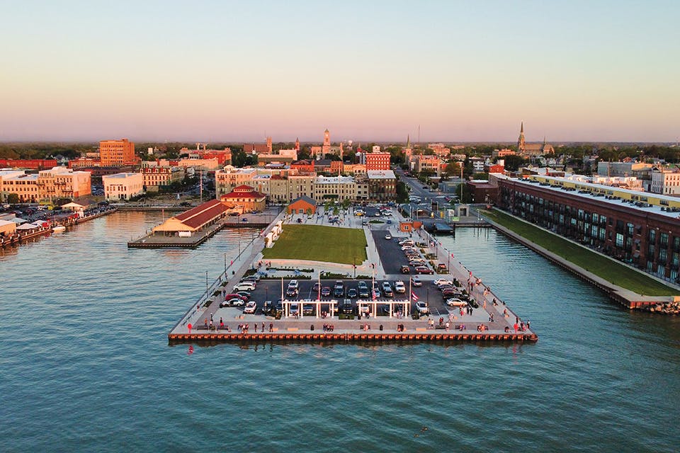 Aerial view of Jackson Street Pier in Sandusky at sunset (photo courtesy of Shores & Islands Ohio)