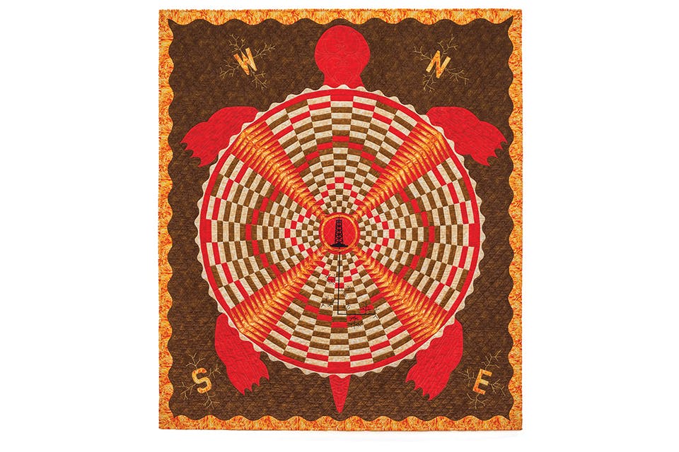Carla Hemlock’s “Turtle Island Unraveling” from “Quilting a Future: Contemporary Quilts and American Tradition” quilt at the Columbus Museum of Art (photo courtesy of Columbus Museum of Art)