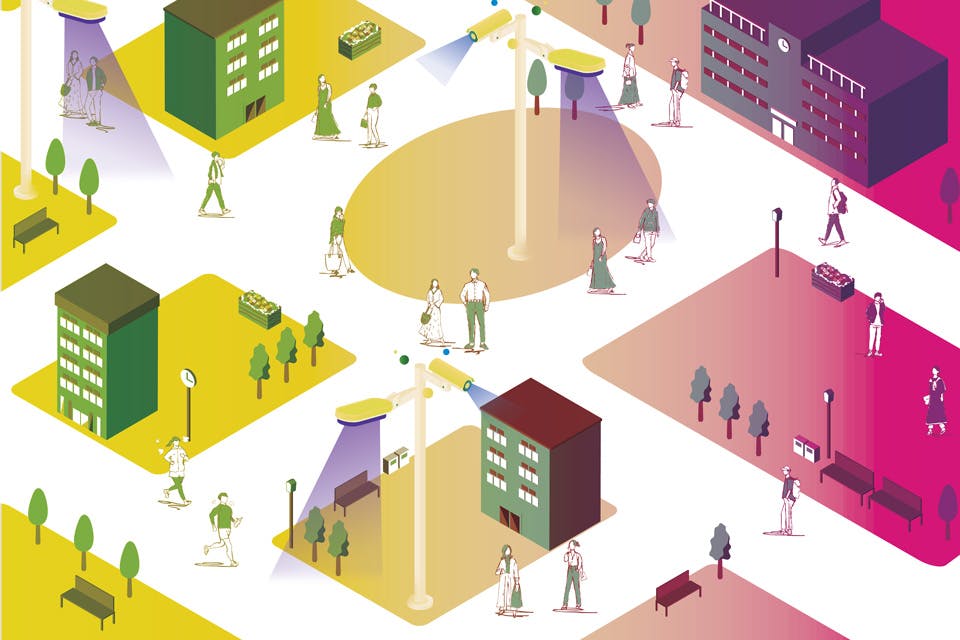 Illustrations depicting an overview of a campus and showing security measures (illustration by iStock)