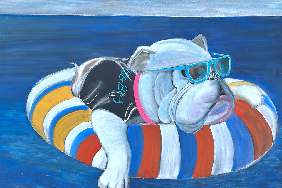 Dog on a raft chalk art drawing by Susan Parsley at Chalk it Up! Vermilion (photo courtesy of Main Street Vermilion)
