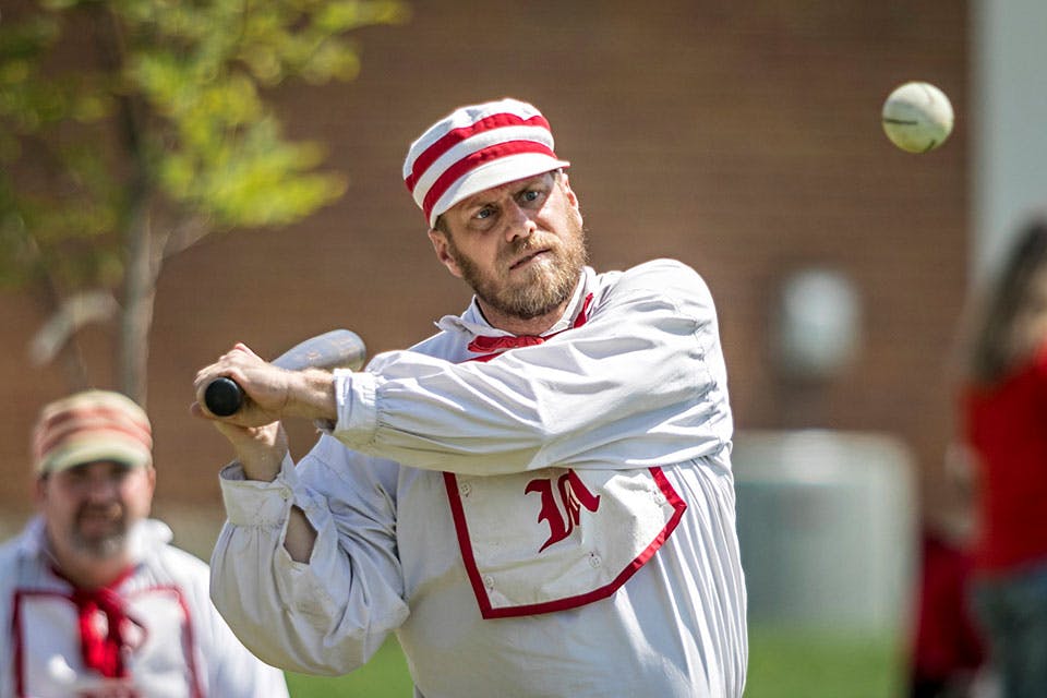 Batter swinging at a pitch during the Ohio Cup Vintage Base Ball Festival (photo courtesy of Ohio Cup Vintage Base Ball Festival)