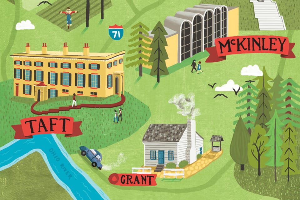 Illustration depicting Ohio presidential sites (illustration by Laura Weizer)