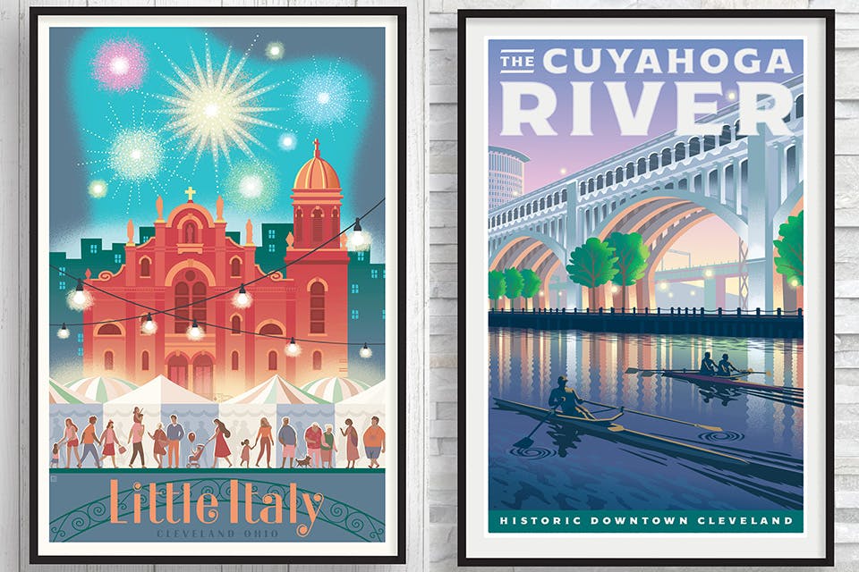 Jon Lund’s Little Italy and Cuyahoga River posters for Lund Studio (photos courtesy of Lund Studio)