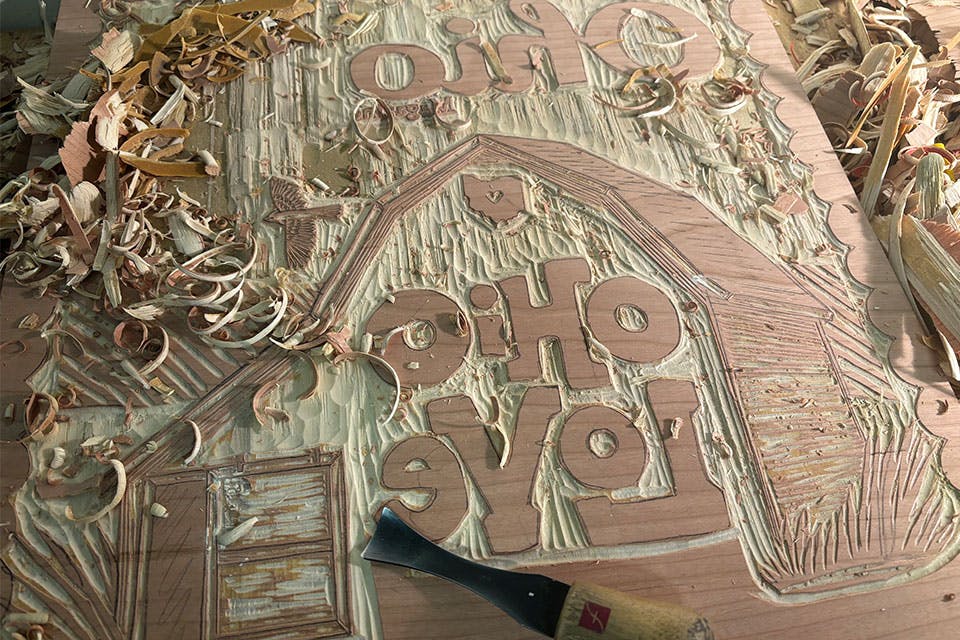 Woodcut for “Ohio Love” cover (photo by Bobby Rosenstock)
