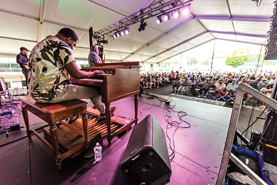 Band playing at Gahanna’s Creekside Blues & Jazz Festival (photo by James D. Decamp)