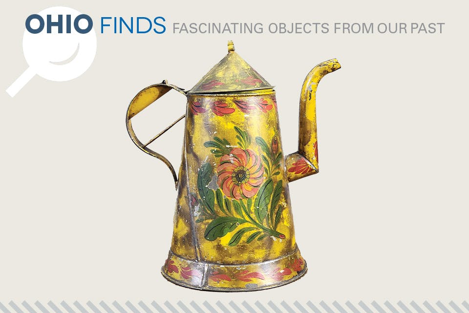 Toleware tin coffee pot decorated with a floral design (photo courtesy of Meander Auctions)