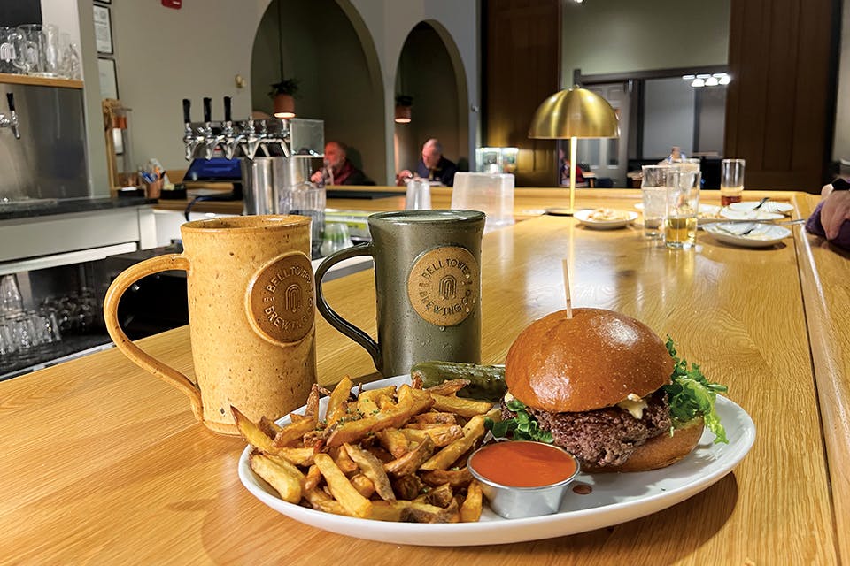 Burger, fries and beer at Bell Tower Brewing Co. in Kent (photo by Jessa Hendershot)
