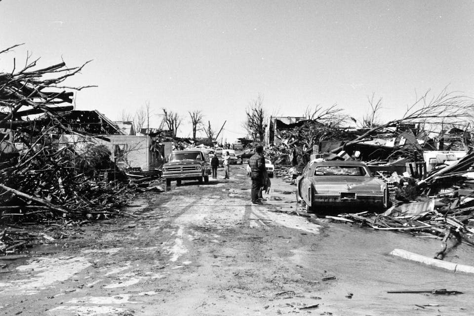 Rubble on Trumbull Street in Xenia after 1974 tornado hit (photo courtesy of Greene County Public Library)