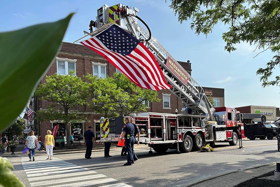 Firetruck and American flag at Wadsworth Memorial Day Parade (photo courtesy of Main Street Wadsworth)
