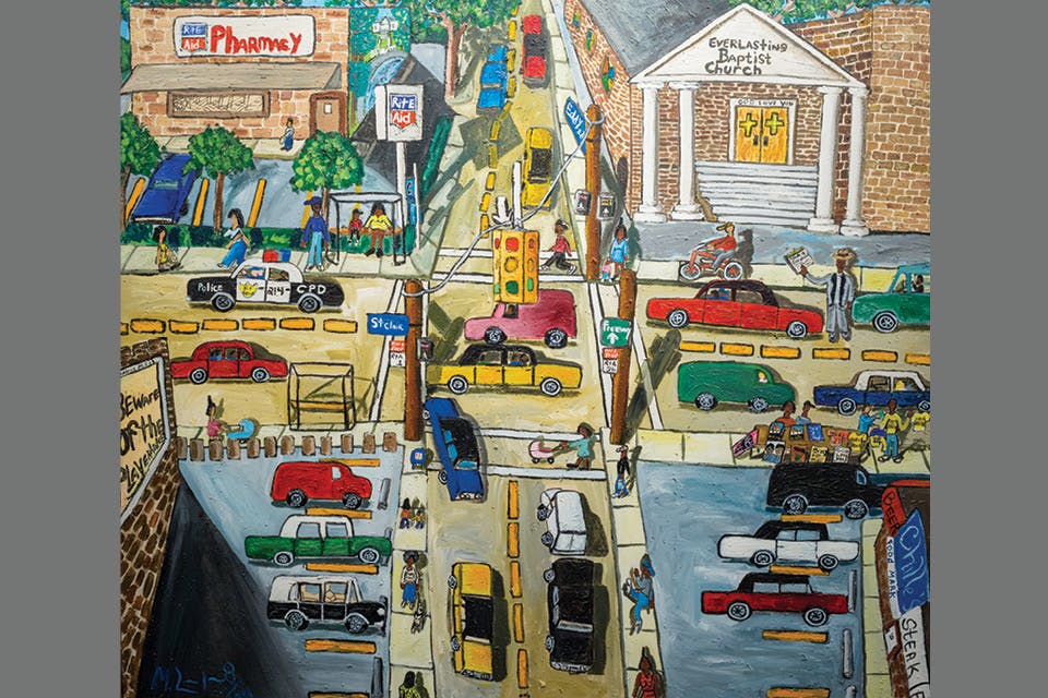 Michelangelo Lovelace’s “At the Intersection of St. Clair N Eddy Road” at the Akron Art Museum (photo courtesy of the Estate and Fort Gansevoort © Michelangelo Lovelace Estate)