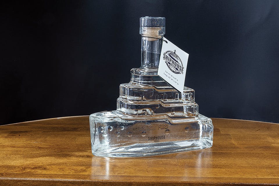 Clear, ship shaped bottle of Shiphouse Vodka (photo by Wendy Pramik)