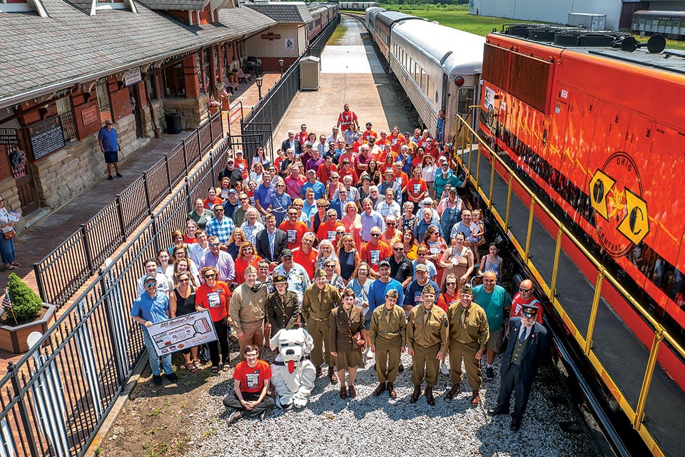 People gathered for group photo at the America 250 Ohio celebration at Dennison Depot (photo by Jim Celuch)