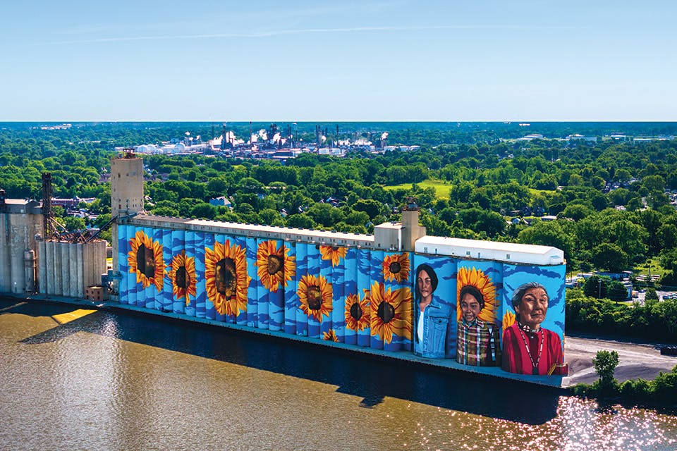 Aerial view of Glass City River Wall in Toledo (photo by Doug Hinebaugh)