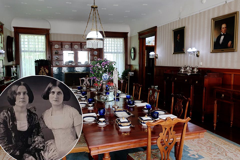 Dining room at the Hayes Home in Fremont and a photograph of the Fox sisters (inset) (photos courtesy of Rutherford B. Hayes Presidential Library & Museums) Dining room at the Hayes Home in Fremont and a photograph of the Fox sisters (inset) (photos courtesy of Rutherford B. Hayes Presidential Library & Museums)
