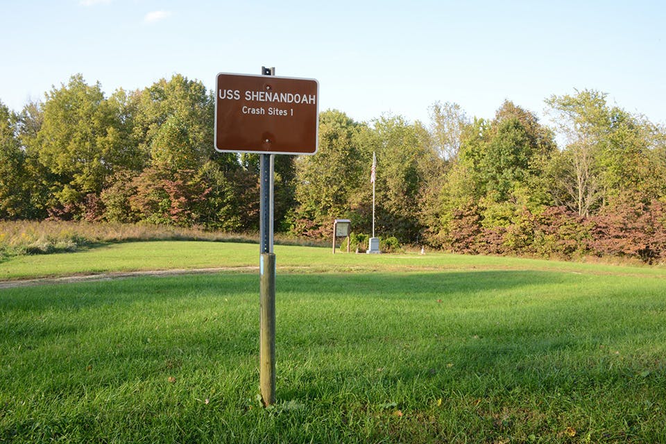 Sign at crash site of the U.S.S. Shenandoah (photo courtesy of Noble County CVB) Sign at crash site of the U.S.S. Shenandoah (photo courtesy of Noble County CVB)