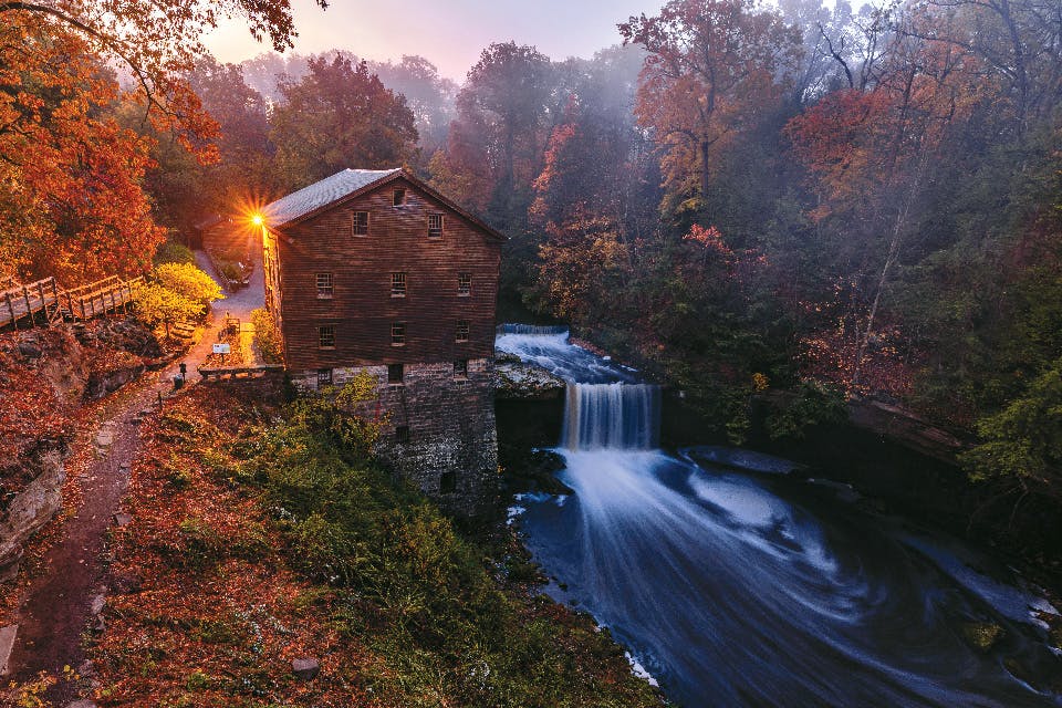 Aerial view of Lanterman’s Mill at Mill Creek MetroParks in Youngstown (photo by Erik Drost)