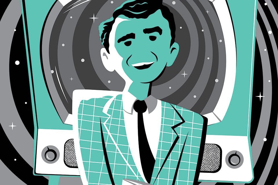 Illustration of Rod Serling in front of television (illustration by Ridge Rooms)