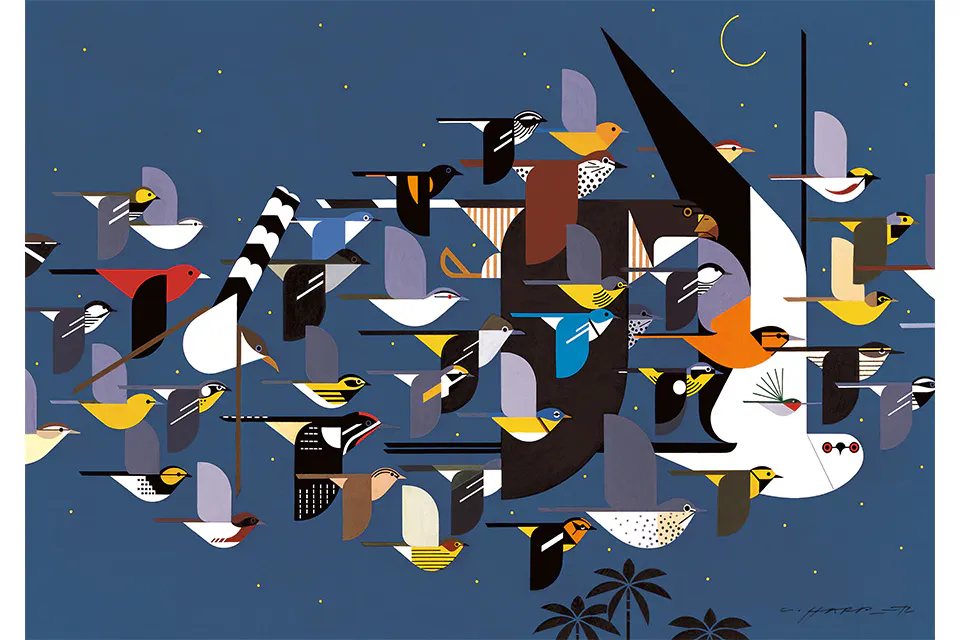 Charley Harper’s “Mystery of the Missing Migrants” (1990, acrylic on canvas mounted on board, Mass Audubon Collection; purchase 1992) © Charley Harper, all rights reserved