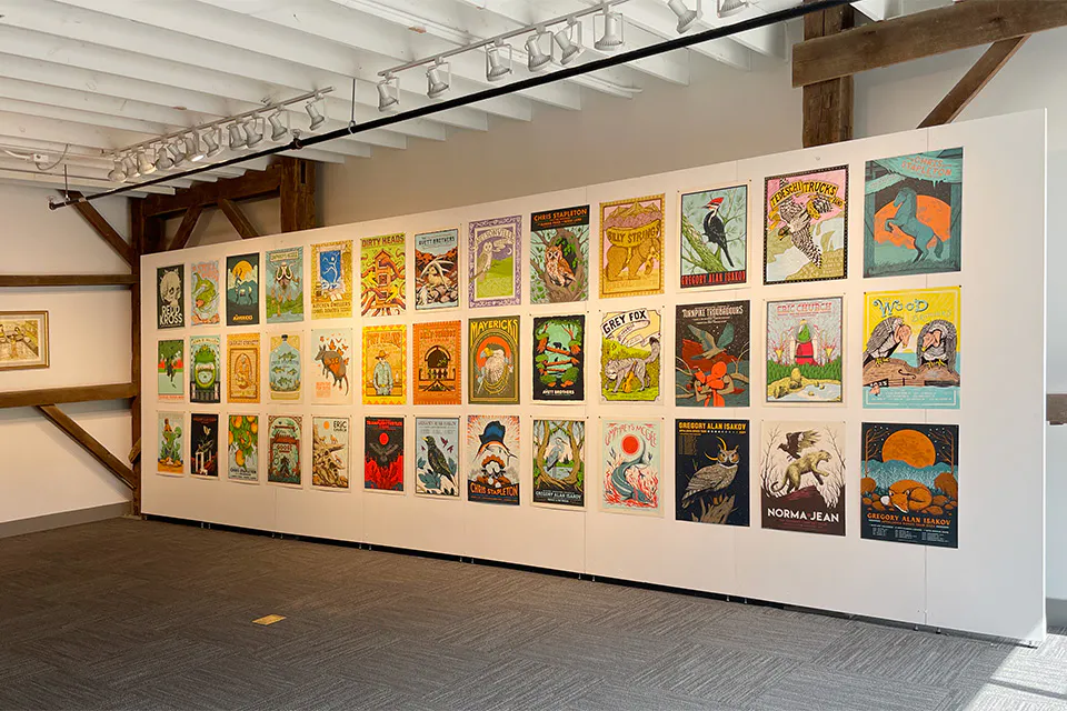 Concert posters by Bobby Rosenstock and Logan Schmitt (photo courtesy of Dairy Barn Arts Center)