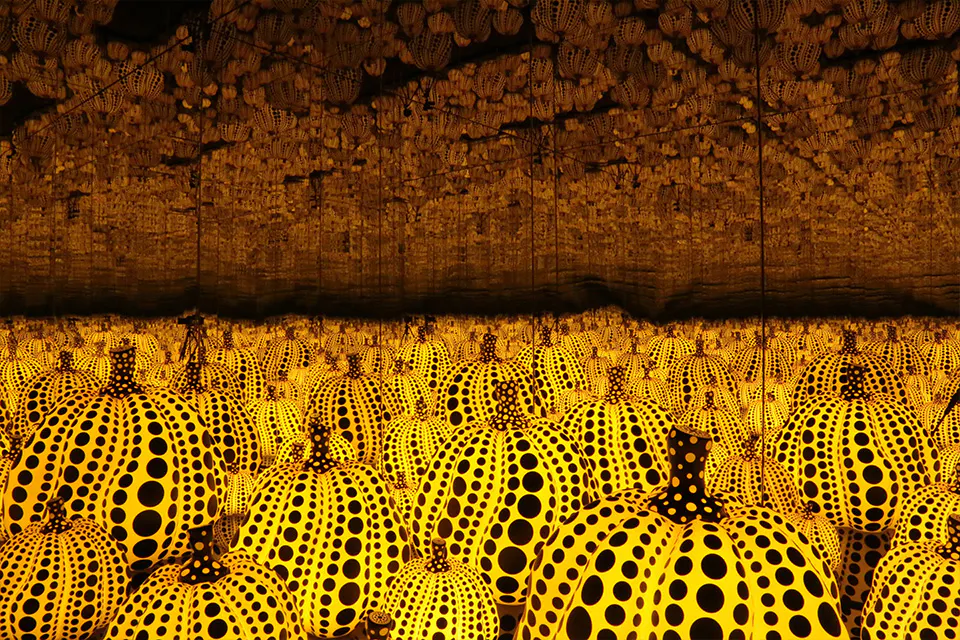All the Eternal Love I Have for the Pumpkins, 2016. Yayoi Kusama. Wood, mirror, plastic, acrylic, and LED. Dallas Museum of Art, TWO x TWO for AIDS and Art Fund, 2018.12.A–I. © YAYOI KUSAMA. Courtesy Ota Fine Arts, Victoria Miro, and David Zwirner