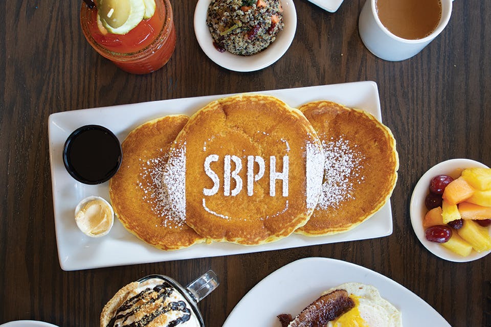 Pancakes, sides and drinks at Sandusky Bay Pancake House in Sandusky (photo by Rachael Jirousek)