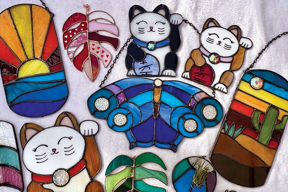 Stained glass pieces from Meaghan Beech of Lake County’s Freckles and Flux Glass Co. (photo courtesy of Freckles and Flux Glass Co.)