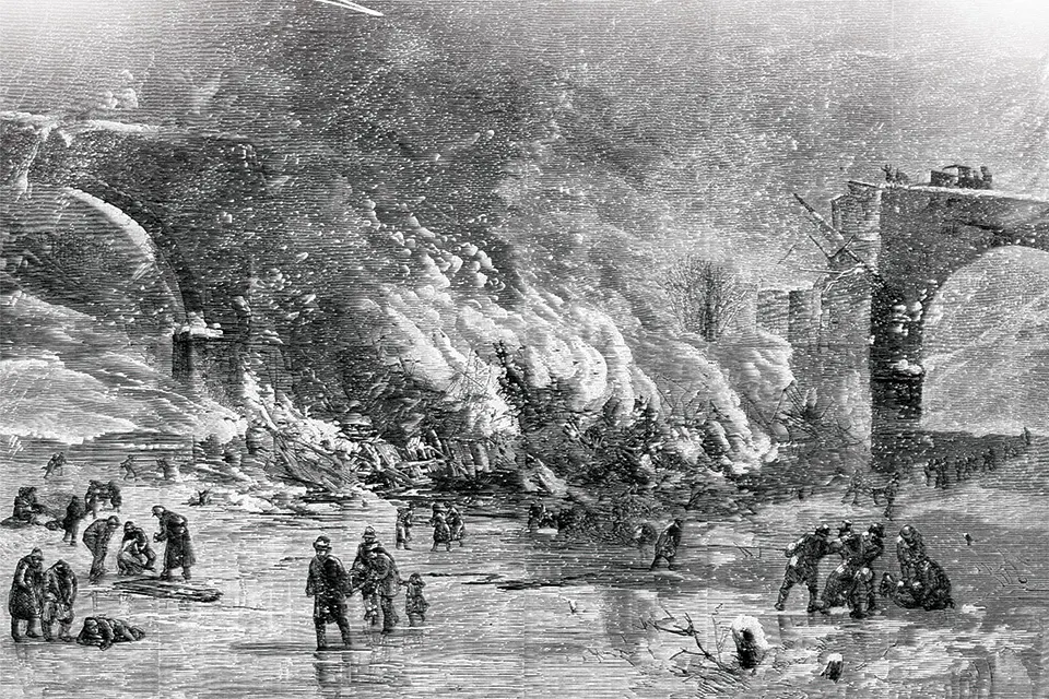 Wood engraving depicting the Ashtabula train disaster in an 1877 issue of “Harper’s Weekly” (illustration courtesy of Wikimedia Commons)